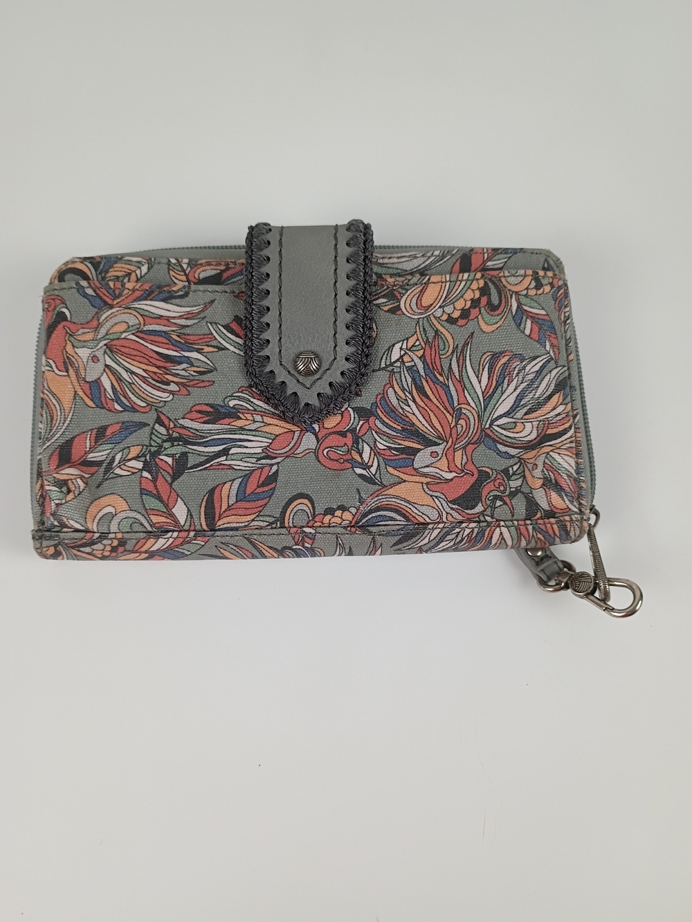 Sakroots Floral Zip Wallet in Gray with Coral and Pink Accents